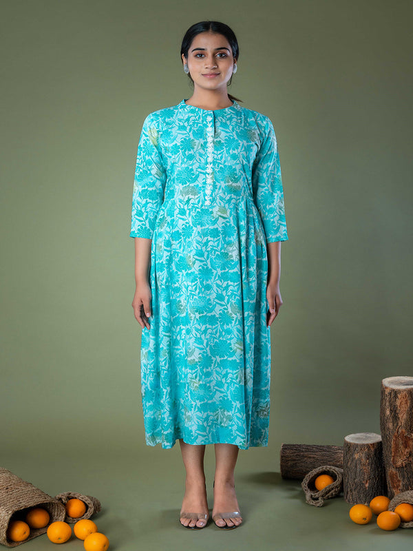 Blue Block Print Hand Embroidered Cotton Midi Dress