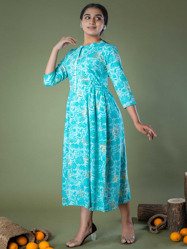 Blue Block Print Hand Embroidered Cotton Midi Dress