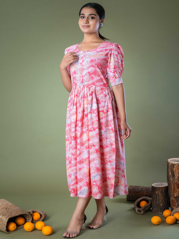 Pink Floral Block Printed Hand Embroidered Cotton Long Midi Dress