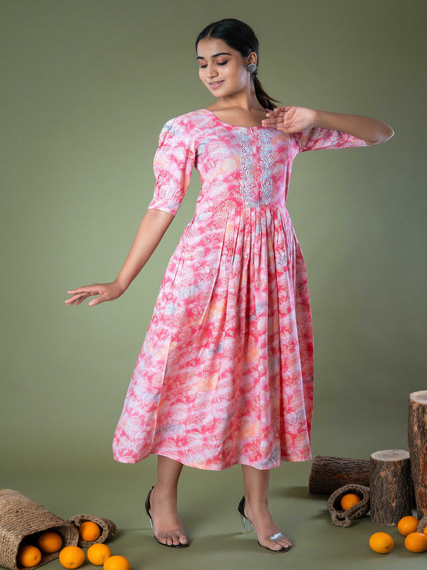 Pink Floral Block Printed Hand Embroidered Cotton Long Midi Dress