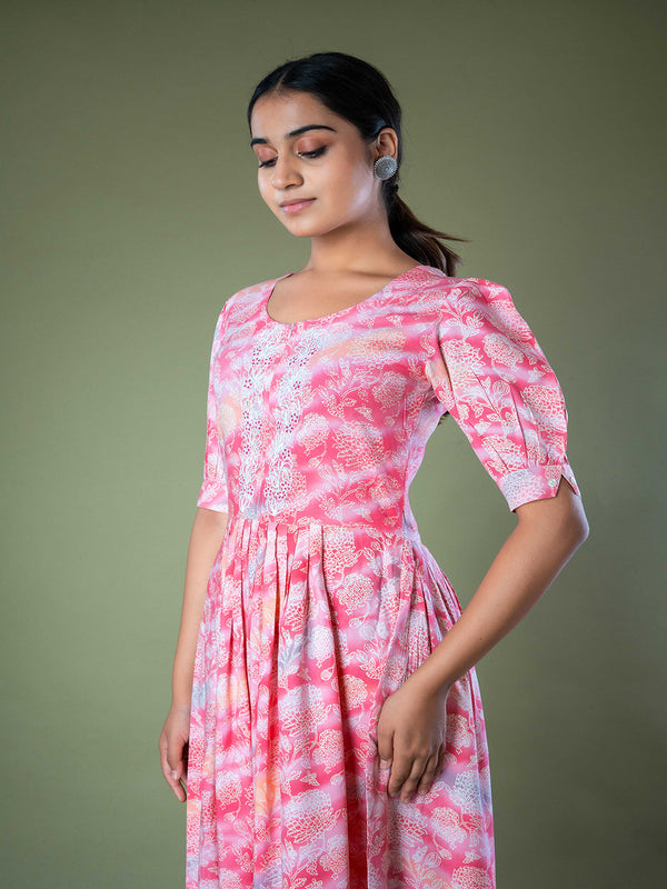 Pink Floral Block Printed Hand Embroidered Cotton Long Midi Dress