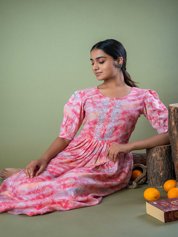 Pink Floral Block Printed Hand Embroidered Cotton Long Midi Dress