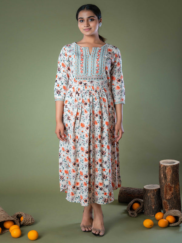 White Floral Block Print Natural Dyed Embroidered Long Dress