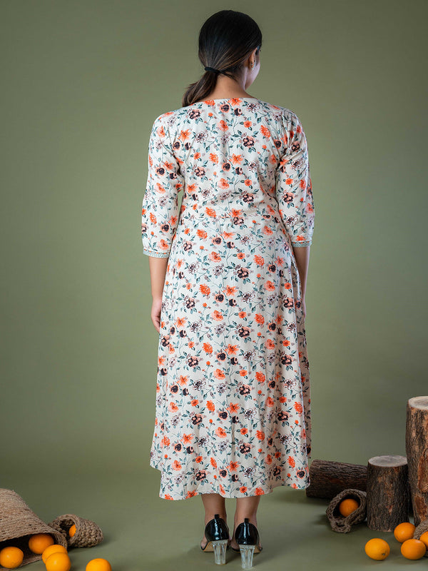 White Floral Block Print Natural Dyed Embroidered Long Dress