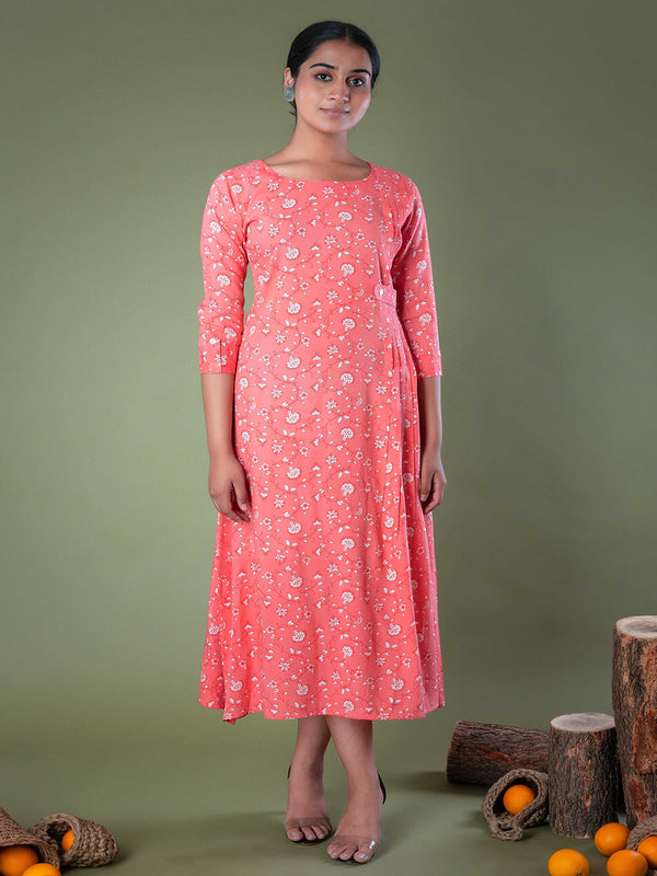 Pink Block Printed Pleated Cotton Midi Dress
