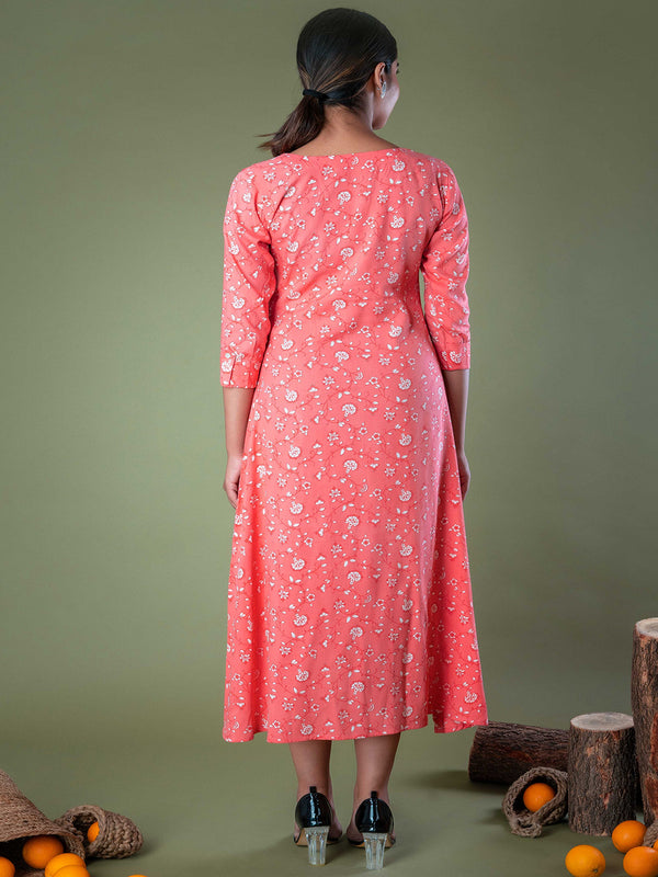 Pink Block Printed Pleated Cotton Midi Dress