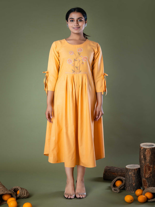 Orange Embroidered Solid Cotton Midi Dress