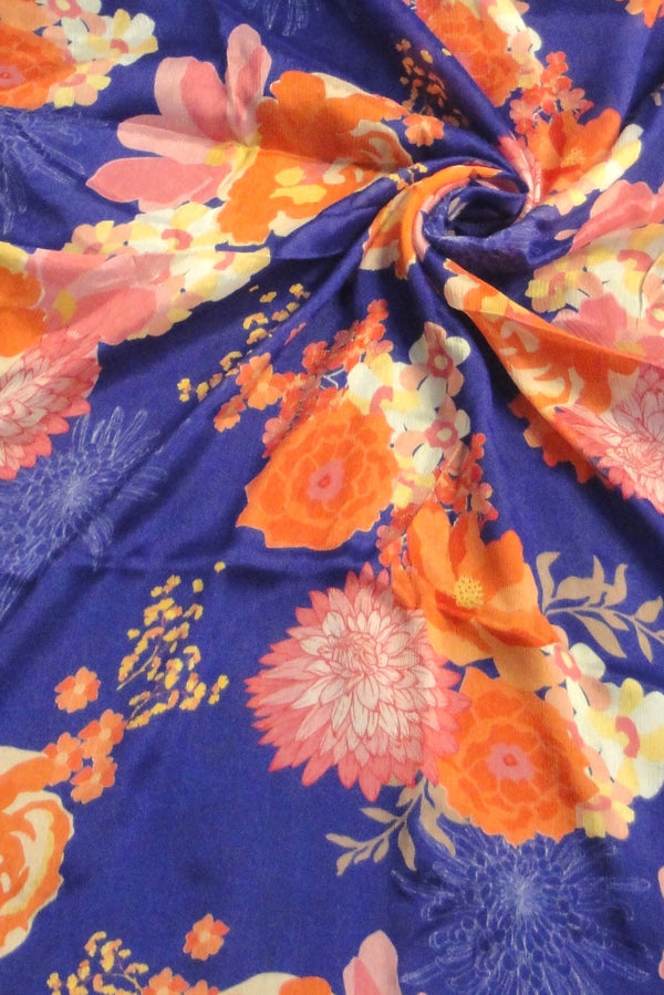 Royal Blue Floral Pure Viscose Chiffon Chinnon Fabric