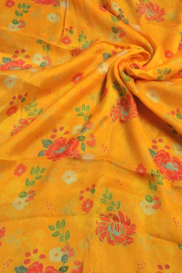 Orange Floral Printed Pure Viscose Chiffon Chinnon Fabric