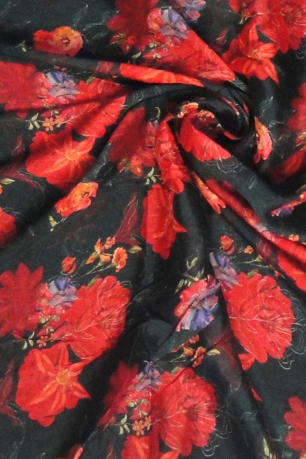 Black Floral Pure Viscose chiffon Chinnon Fabric