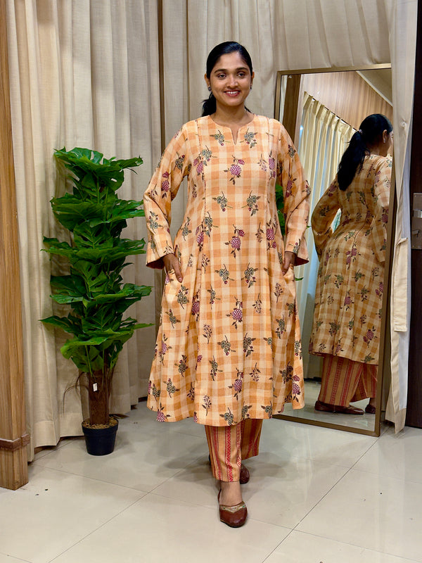 Orange Floral Cotton Kurta Set