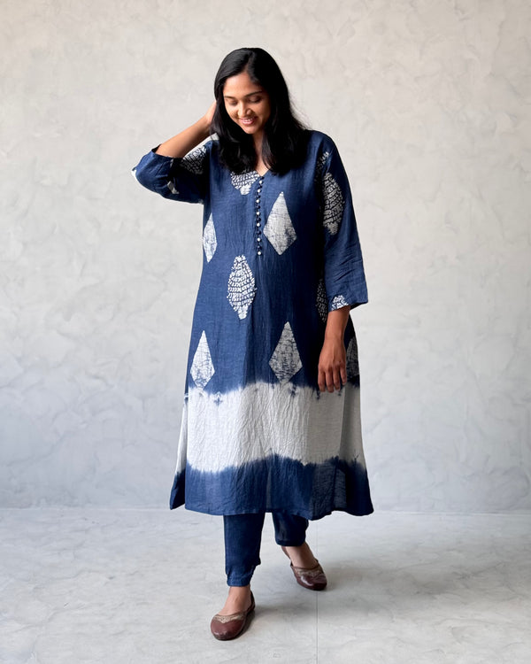 Indigo Block Printed Linen Kurta Pant Set
