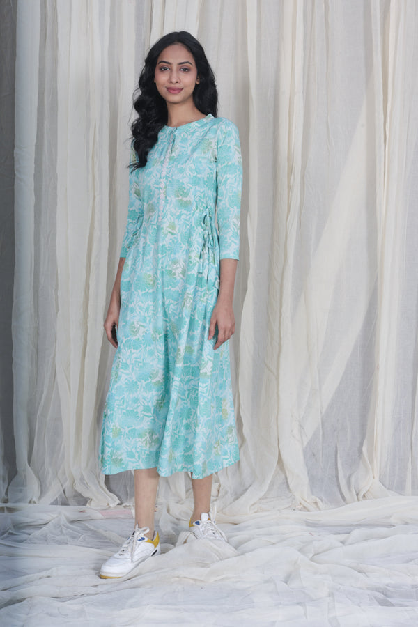 Blue Block Print Hand Embroidered Cotton Midi Dress