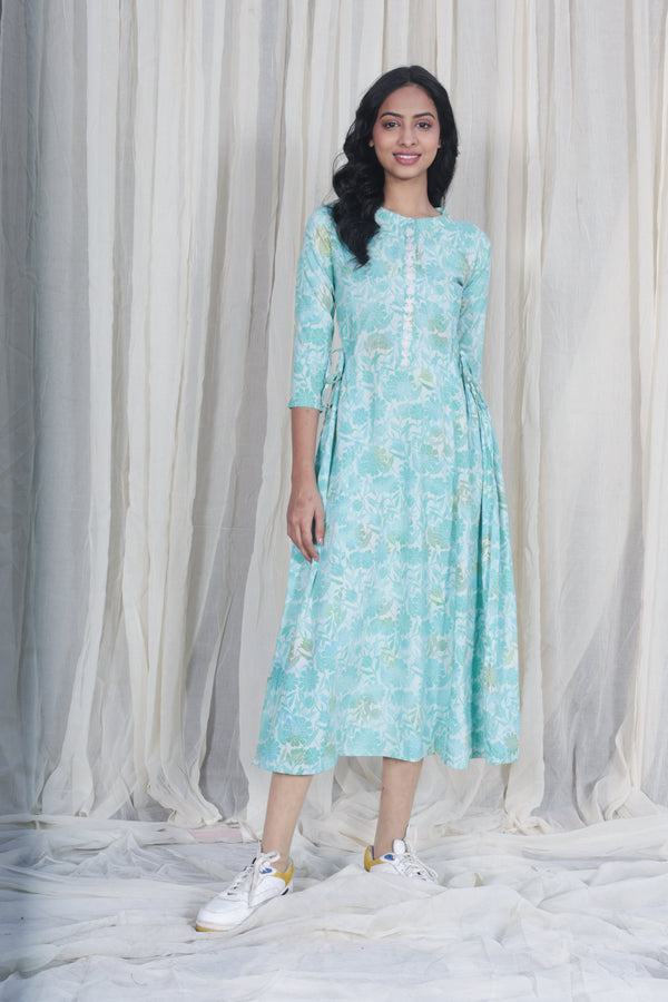 Blue Block Print Hand Embroidered Cotton Midi Dress