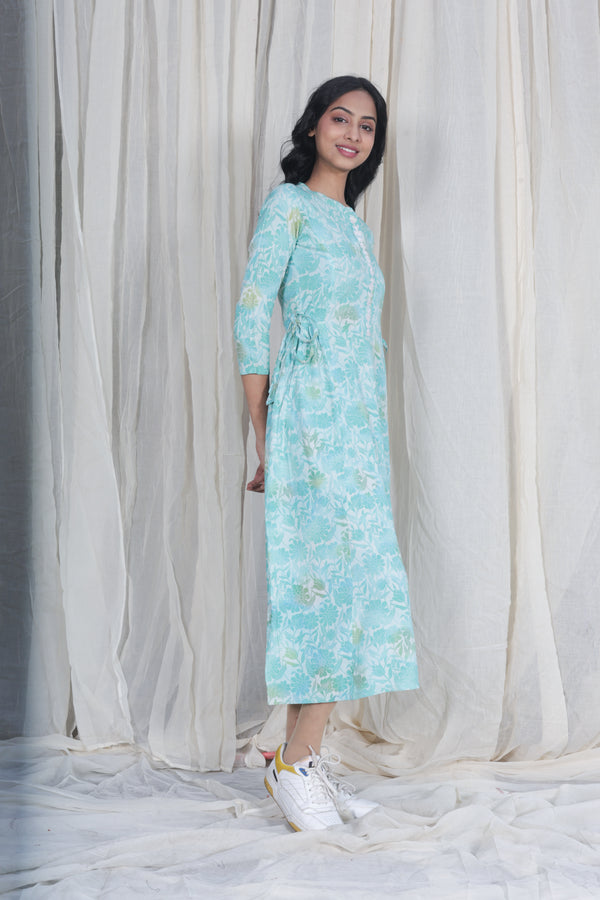 Blue Block Print Hand Embroidered Cotton Midi Dress