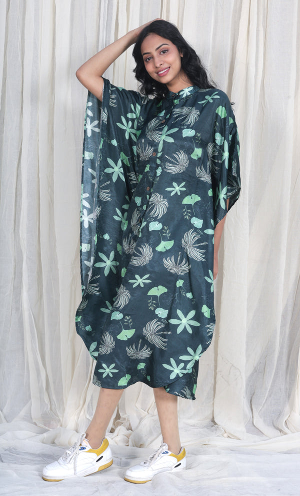 Safar Floral Silk Kaftan - Green