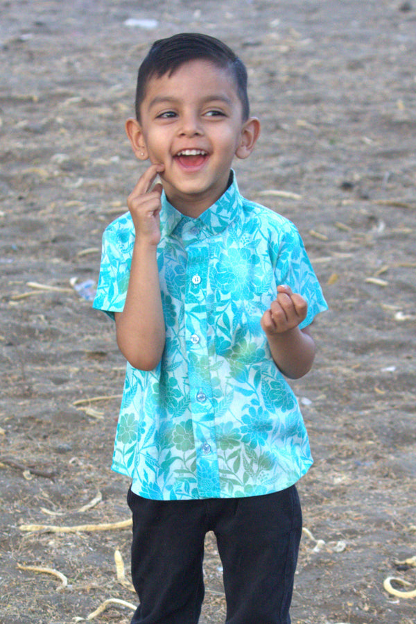 Blue Floral Printed Cotton Shirt for Boys