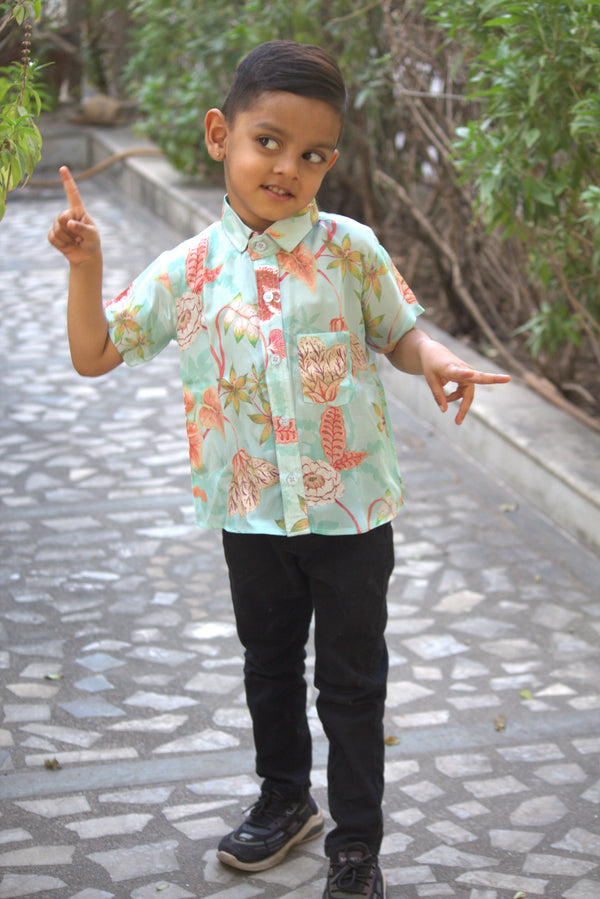 Ocean Blue Printed Viscose Silk Shirt for Boys