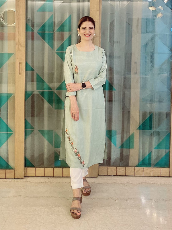 Pastel Green Hand Embroidered Straight Cotton Kurta