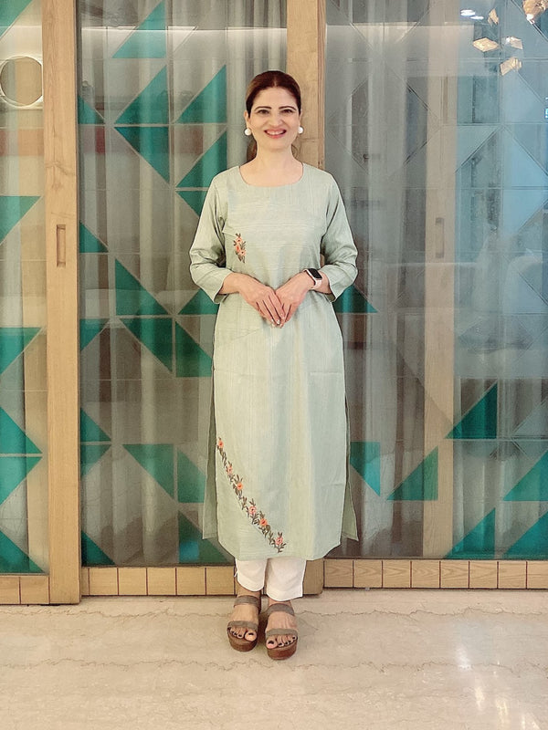 Pastel Green Hand Embroidered Straight Cotton Kurta