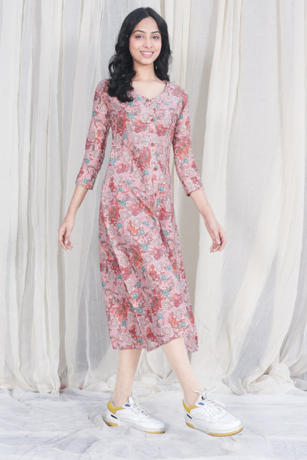 Pink Floral Pure Cotton Mull Kurta Dress