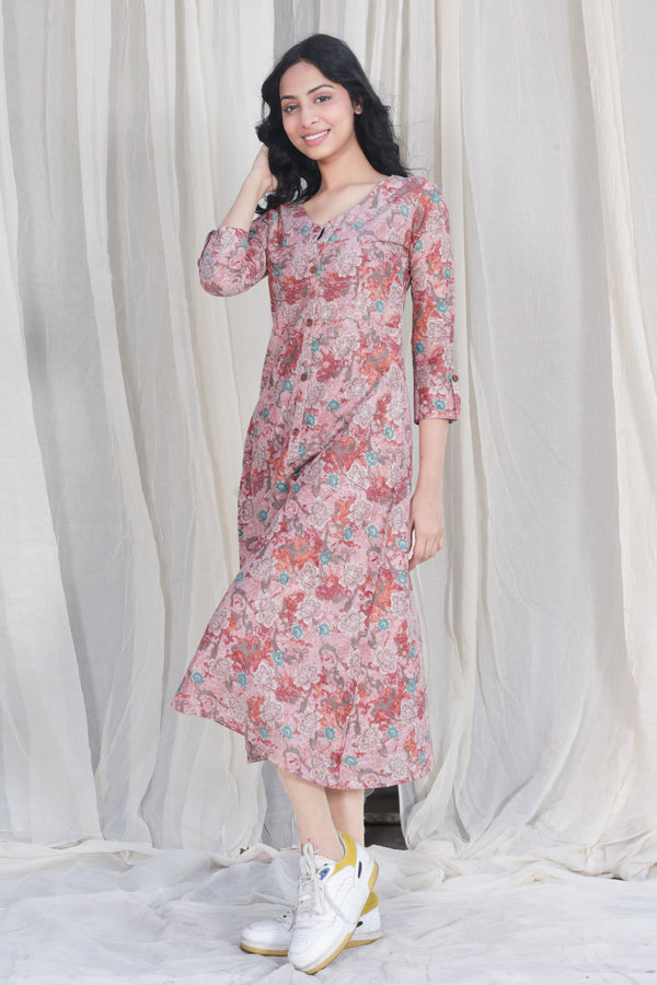 Pink Floral Pure Cotton Mull Kurta Dress