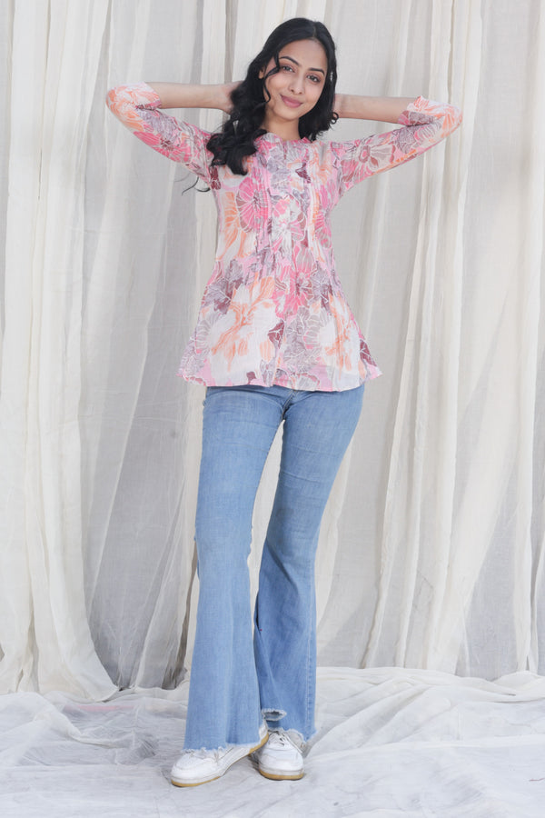 Pink Floral Printed Cotton Mull Top