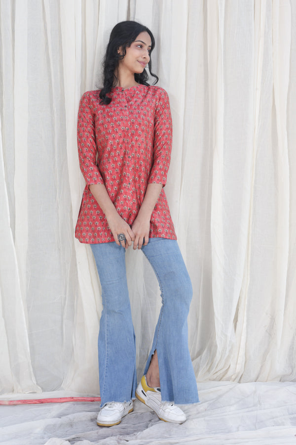 Red Block Printed Chanderi Silk Top