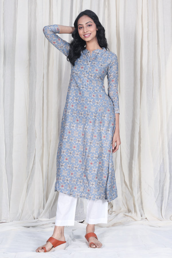 Cotton Silk Blue Printed A-line Kurta