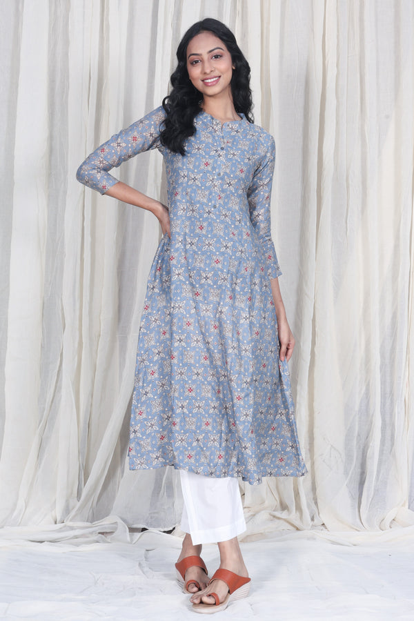 Cotton Silk Blue Printed A-line Kurta