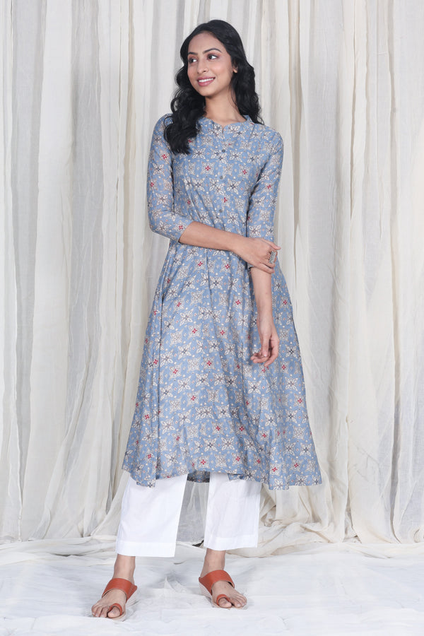 Cotton Silk Blue Printed A-line Kurta