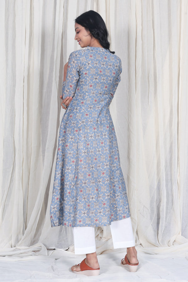 Cotton Silk Blue Printed A-line Kurta