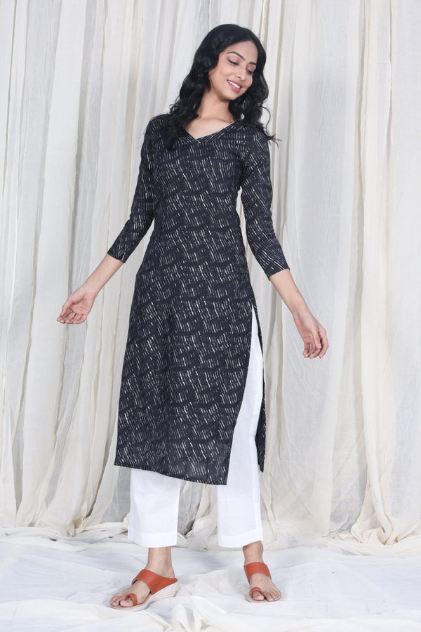 Chanderi Silk Black Printed Kurta