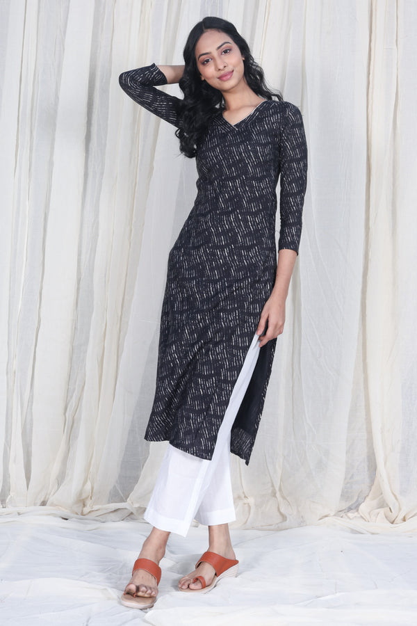 Chanderi Silk Black Printed Kurta