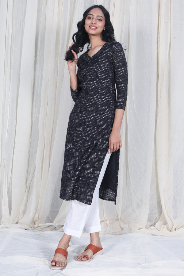 Chanderi Silk Black Printed Kurta