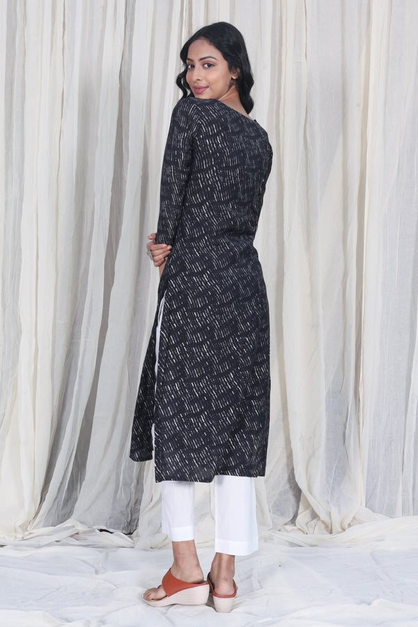 Chanderi Silk Black Printed Kurta