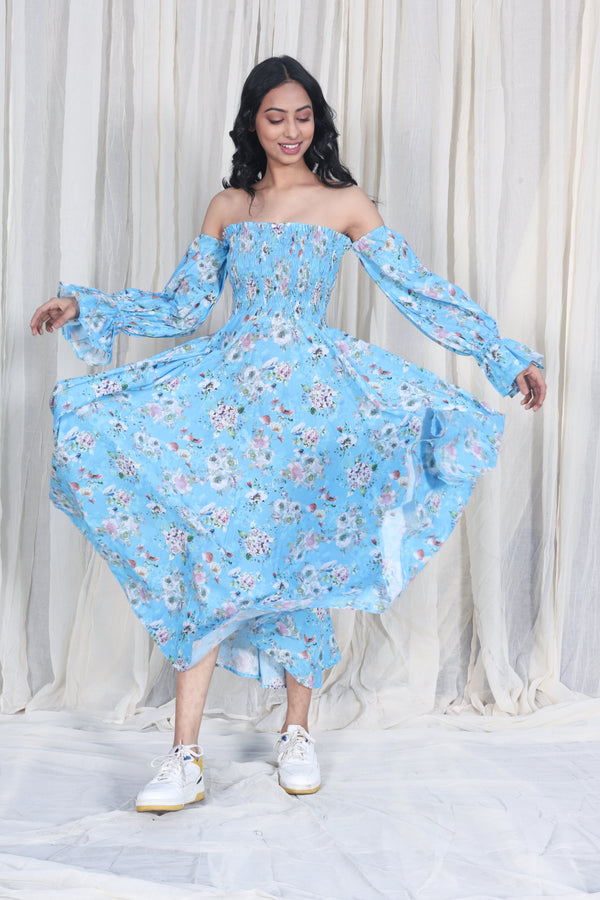 Florance Blue Organic Cotton Midi Dress