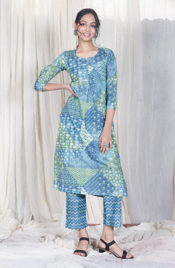 Blue Printed Organic Cotton Kurta Set