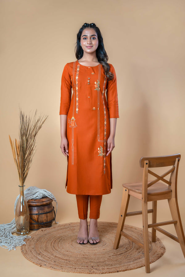 Orange Embroidered Cotton Straight Kurta