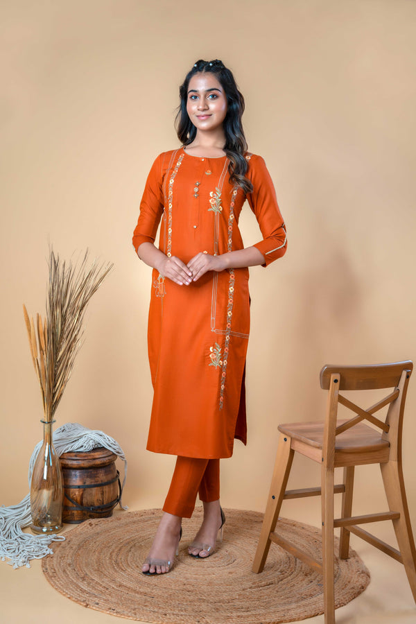 Orange Traditional Embroidered Cotton Kurta Set - Set Of 2