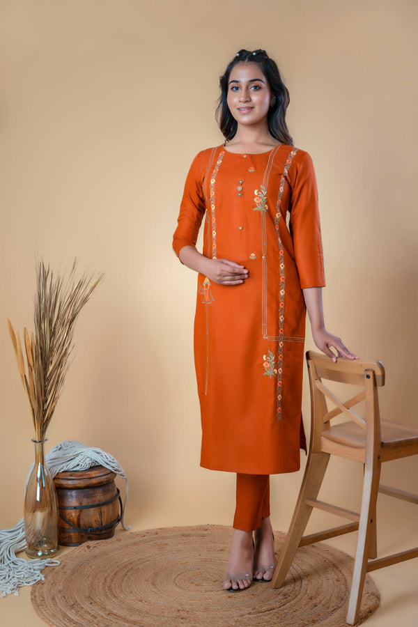 Orange Embroidered Cotton Straight Kurta