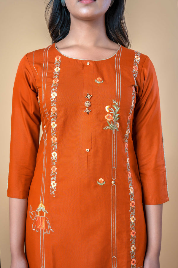 Orange Embroidered Cotton Straight Kurta