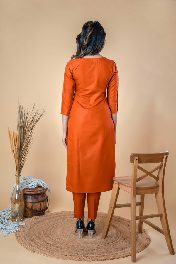 Orange Embroidered Cotton Straight Kurta