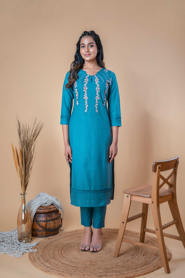 Peacock Green Embroidered Straight Cotton Kurta