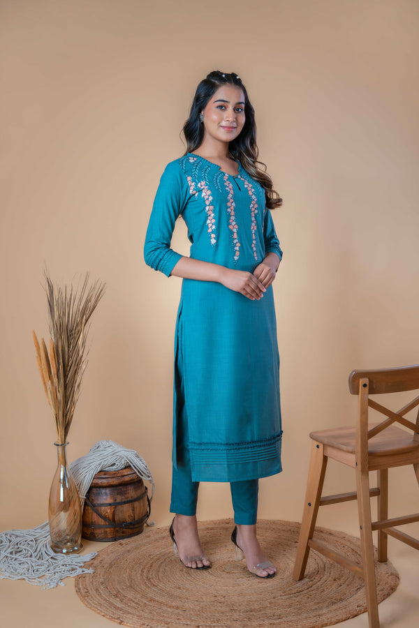 Peacock Green Embroidered Straight Cotton Kurta