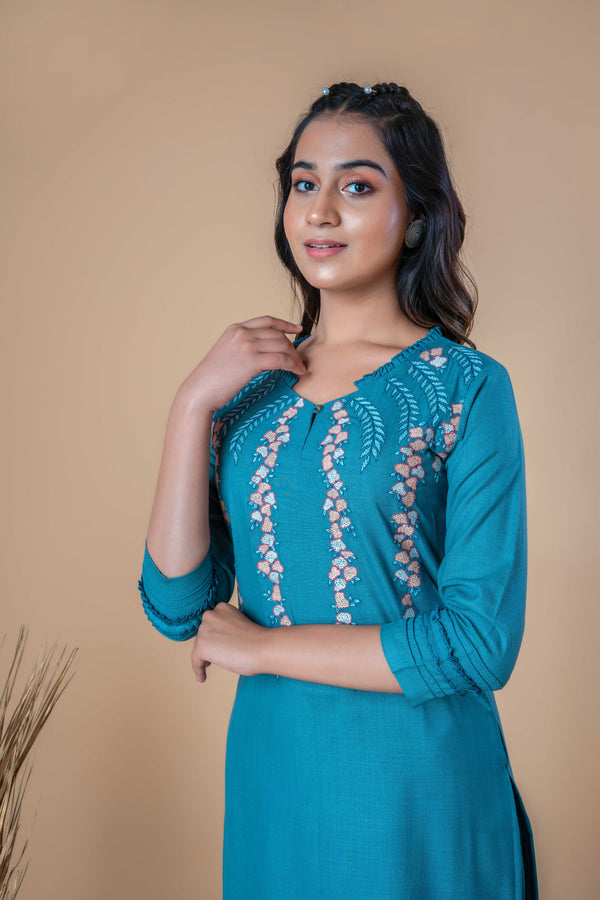 Peacock Green Embroidered Straight Cotton Kurta