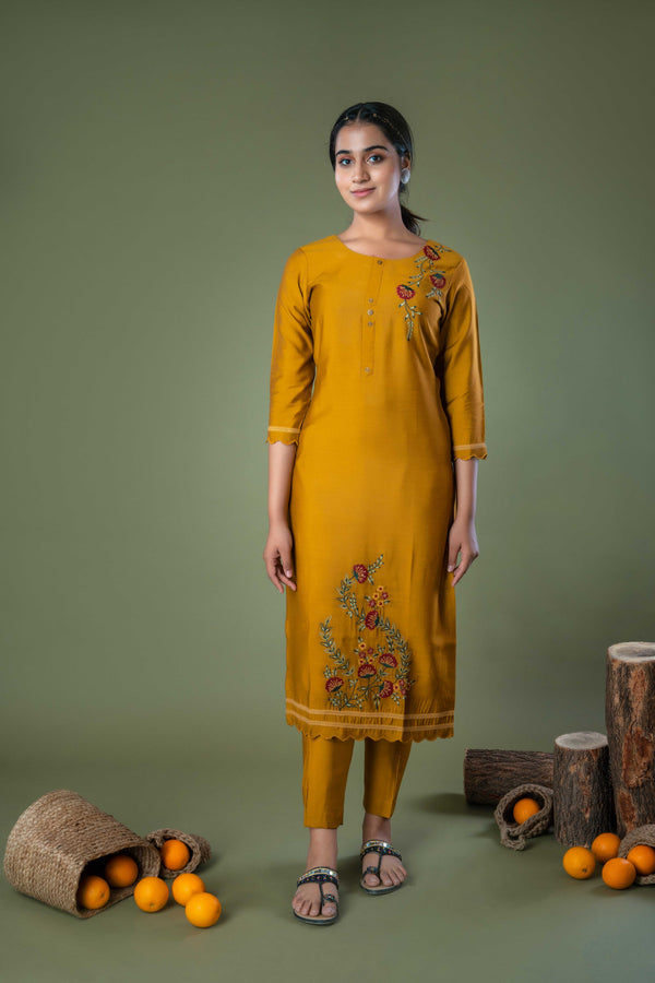 Mustard Floral Sequence Embroidery Straight Silk Kurta with Pant - Set of 2