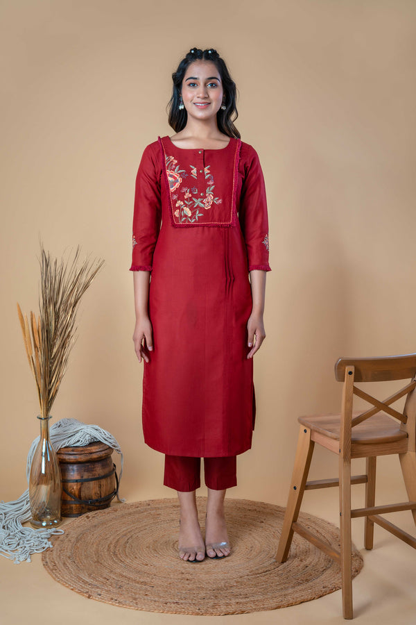 Red Embroidered Straight Cotton Kurta Pant Set - Set Of 2