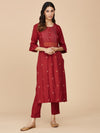 Red Neck Embroidered Straight Cotton Kurta With Pant Set
