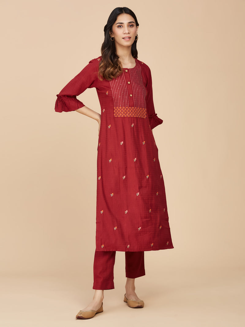 Red Neck Embroidered Straight Cotton Kurta With Pant Set